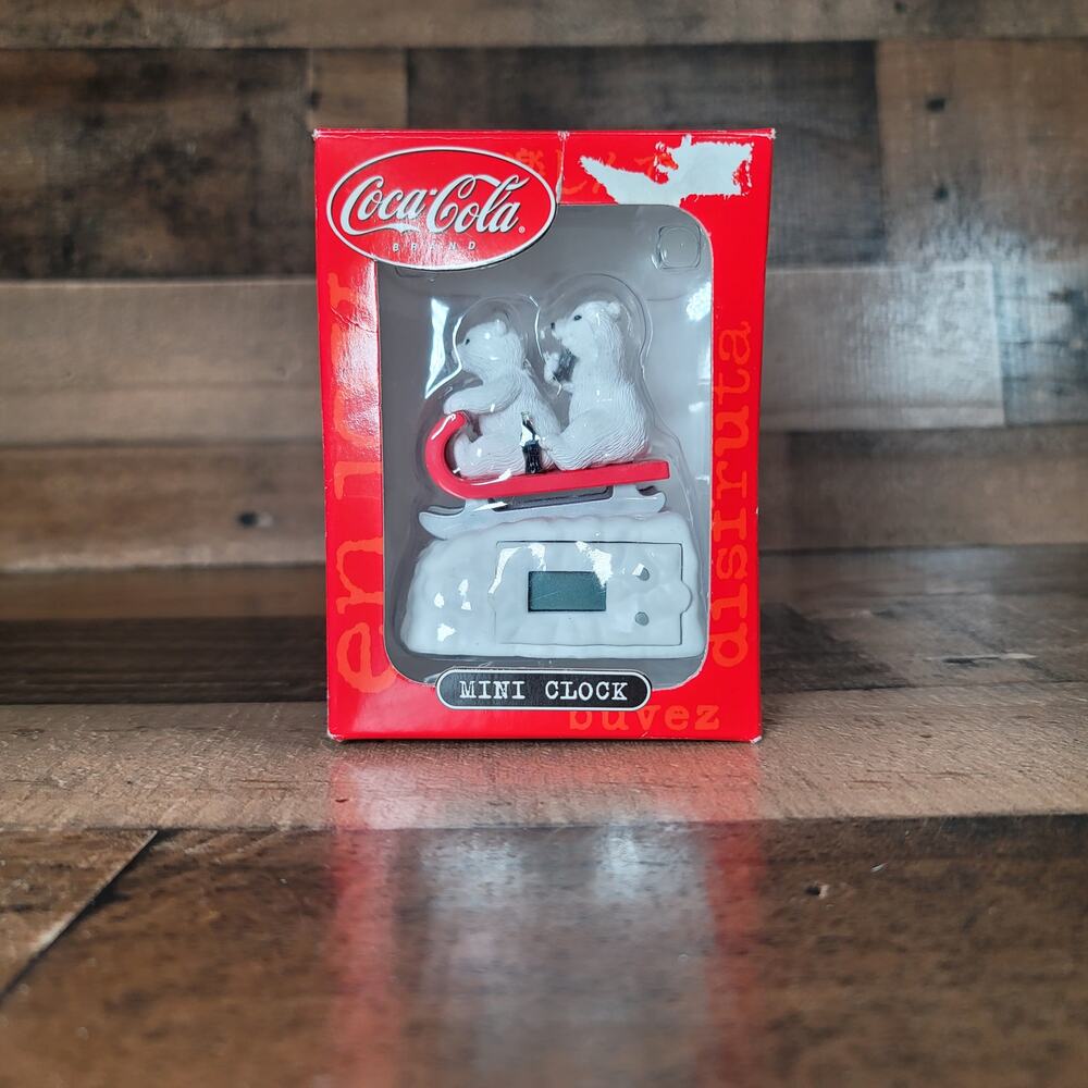 Vintage Coca-Cola Mini Clock 2 Polar Bears on Sled
